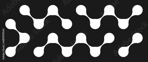 Black and white meta balls set. Diagonal connected morph dots. Liquid blobs pattern collection. Thin integration abstract concept. Rounded design element bundle for logo, icon, emblem, poster. Vector