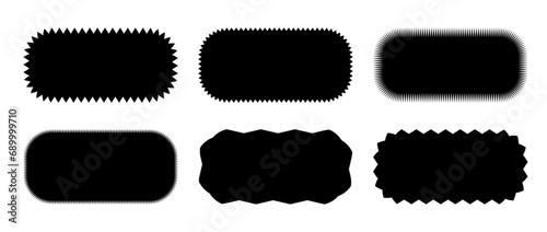 Zig zag edge rounded shape collection. Jagged rough oval elements set. Black graphic design elements for decoration, banner, poster, template, sticker, badge, label, tag, emblem. Vector bundle