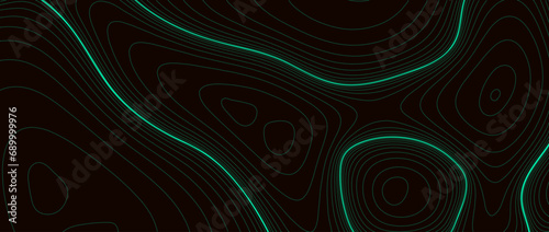 Abstract line background. Black topographic contour map concept. Neon green terrain outline pattern. Linear geographic design template wallpaper for poster, banner, print, leaflet. Vector illustration