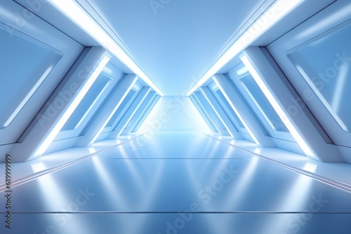 3d render abstract white Triangle Spaceship corridor. Futuristic tunnel with light. Sci-fi science concept. 