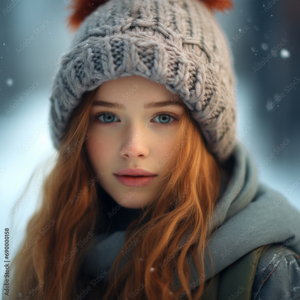 Close-up girl in winter clothes with blurred background, ai technology
