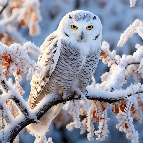 Majestic snowy owl perched on a snow-covered tree branch.