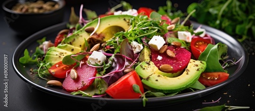 Weight loss salad with beetroot, avocado, feta cheese, tomato, greens, and pumpkin seeds.