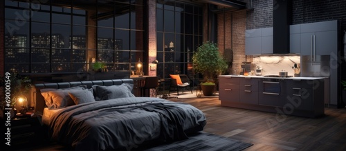 Stylish loft-style studio apartment with a dark color scheme. Features a modern kitchen with an island, cozy bedroom with a fireplace, and personal gym.
