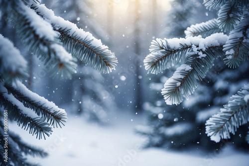 Snow covered fir branches, snowdrift against defocused blurred forest and falling snow.