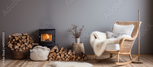 Scandinavian home: wooden stove, firewood, old rocking chair in living room corner. Rag carpet on oiled floor. White sheepskin in chair. photo