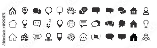 Collection home & Locations icons. House symbol. Set of real estate objects and houses black icons isolated on white background. Vector illustration.
