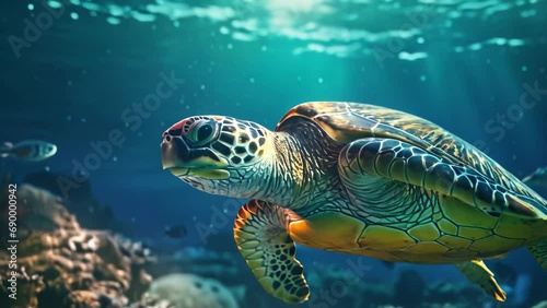 closeup of a green sea turtle swimming underwater photo