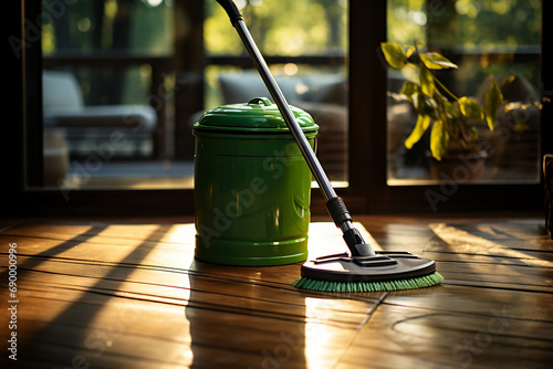 Generative AI Image of Home Cleaning Service with Broom and Green Trash Can