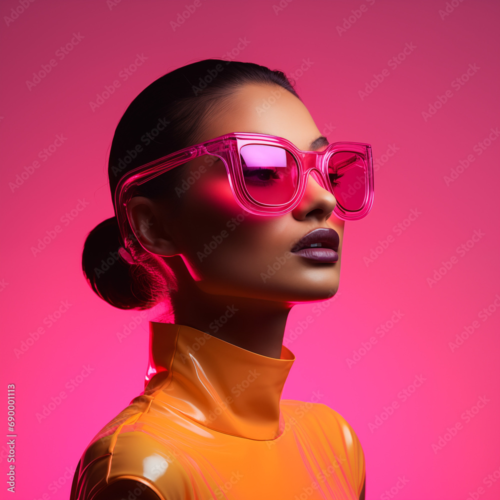 Beautiful young female model in an orange turtleneck top, wearing pink sunglasses. Isolated on a simple neon pink background. Minimal fashion concept of neon simplicity and summer vibrance. Beautiful young female model in an orange turtleneck top, wearing pink sunglasses. Isolated on a simple neon pink background. Minimal fashion concept of neon simplicity and summer vibrance.