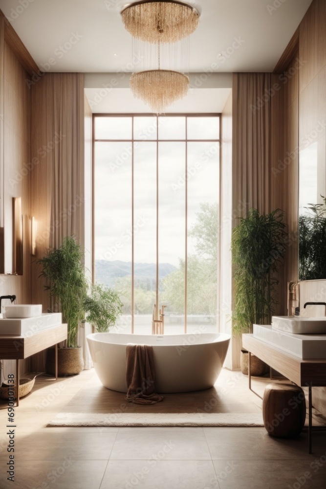 Fototapeta premium Modern bathroom with large windows. Interior design.