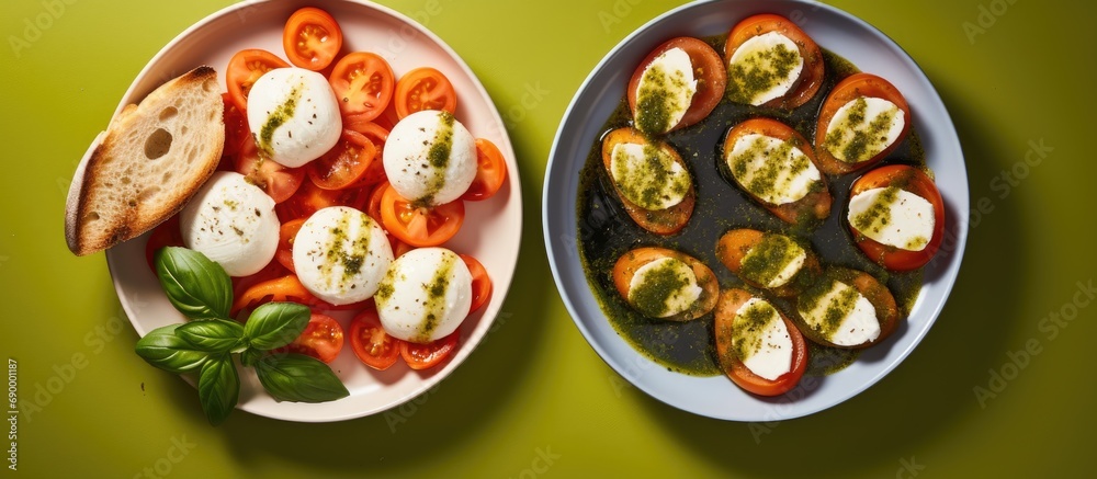 Top-down view of caprese salad with tomatoes, mozzarella, basil, and pesto on orange plates, alongside bread appetizer. Top-down view of caprese salad with tomatoes, mozzarella, basil, and pesto on orange plates, alongside bread appetizer.