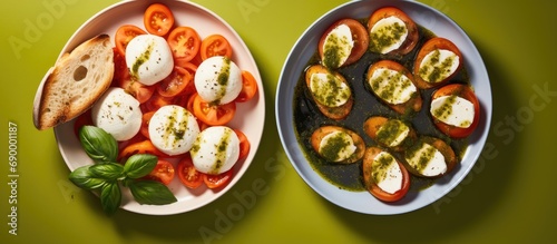 Top-down view of caprese salad with tomatoes, mozzarella, basil, and pesto on orange plates, alongside bread appetizer.
