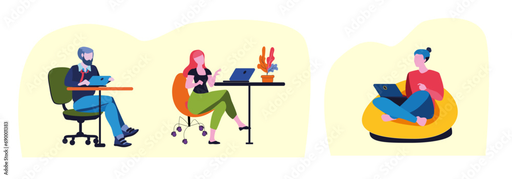 The set is a comfortable workplace for office workers. Distant work. Vector illustration The set is a comfortable workplace for office workers. Distant work. Vector illustration