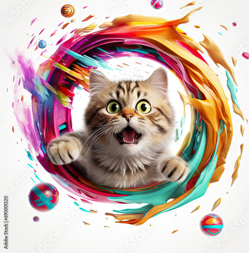 colorful cat jumping out of a wormhole