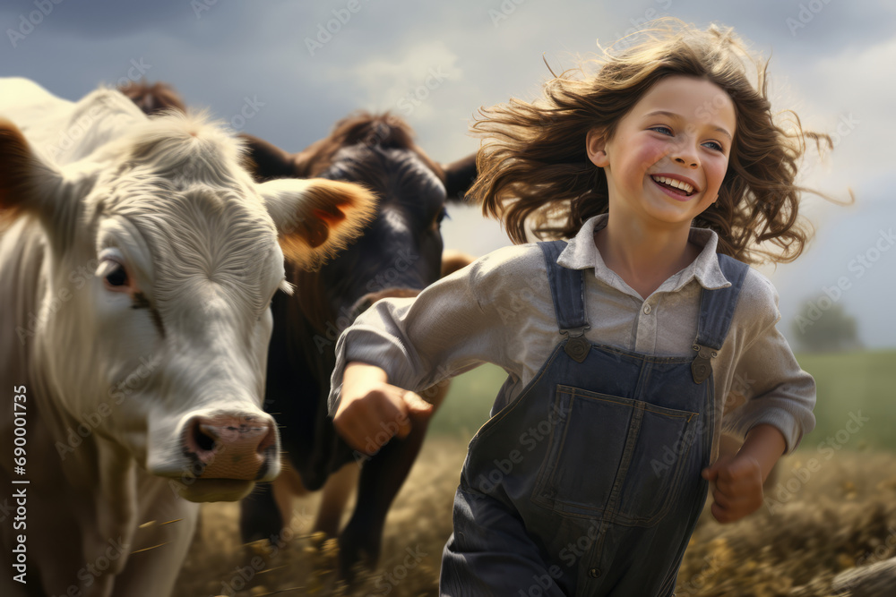Obraz premium Farmer girl and cows in a field 