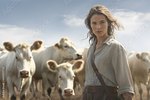 Farmer girl and cows in a field 