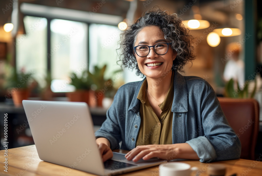 Attractive mature asian woman sitting in front of a laptop smiling