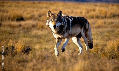 wolf at steppe, hunting his prey