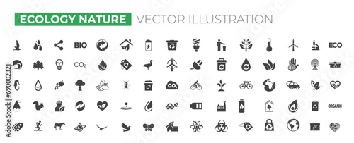 Ecology icon set. Environment, sustainability, nature, recycle, renewable energy; electric bike, eco-friendly, forest, wind power, green symbol. Solid icons vector collection. 
