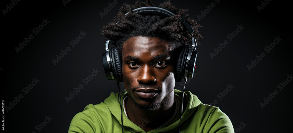 a black man wearing headphones and a black shirt a black man wearing headphones and a black shirt