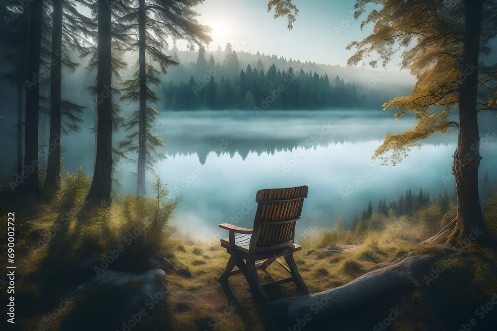 Illustrative interpretation of an empty chair beside a mist-covered lake and forest, combining photography and digital illustration to enhance the dreamlike atmosphere, Illustration