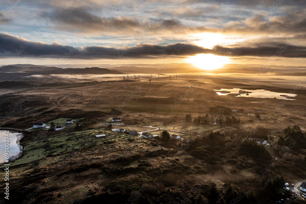 Aerial view of a foggy Bonny Glen by Portnoo in County Donegal - Ireland