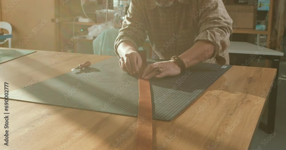 old talented craftsman smoothing edges of leather, sewing belts for