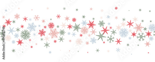 Snowflakes vector background. Winter holiday decor with multicolor crystal elements. Graphic icy frame isolated on white backdrop.