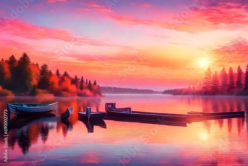 Illustrative digital art portraying a dreamy sunset scene over a Minnesota lake, blending photography and digital techniques to enhance the ethereal atmosphere