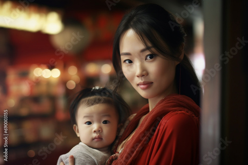 portrait of a beautiful asian young mother with a a cute baby
