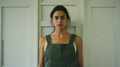 A woman in a kitchen apron. Chef work in the cuisine. Cook in uniform, protection apparel. Job in food service. Professional culinary. Green fabric apron, casual clothing. Handsome baker. Generated AI