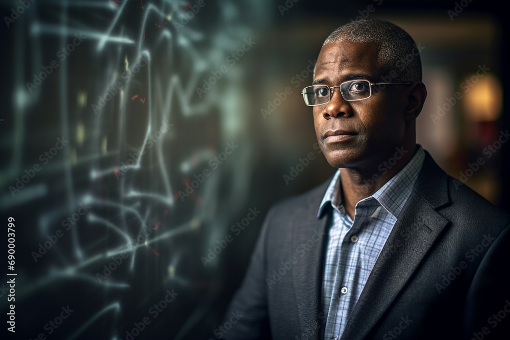 portrait of beautiful mature black business man in front of a information whiteboard portrait of beautiful mature black business man in front of a information whiteboard