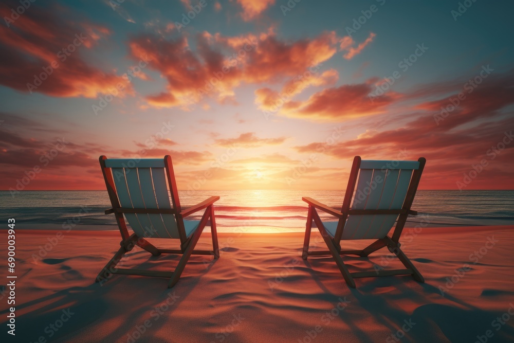 Two sun loungers on the beach stand on the sand