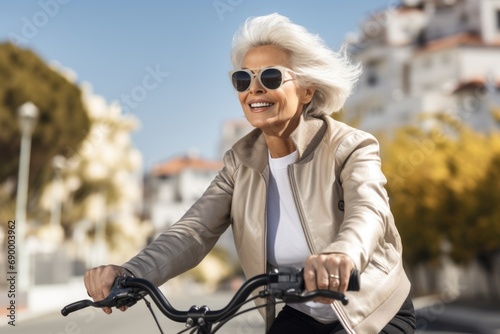 An age-old happy woman rides a bike