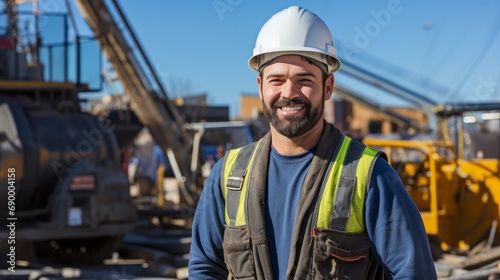 Portrait of a skilled construction worker smiling, with a construction site and equipment in the background