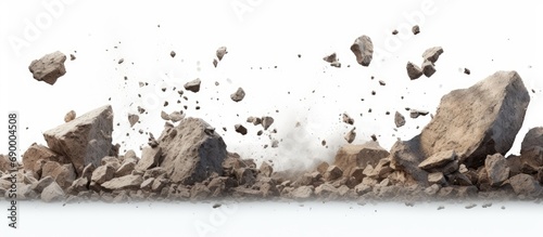 ai illustration of rocks, dust, and debris falling on white background banner. photo