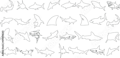 Shark Outline Vector Illustration, Dive into the deep with this striking vector illustration, showcasing a variety of shark outlines in dynamic poses. Perfect for marine-themed design projects, Sharks photo