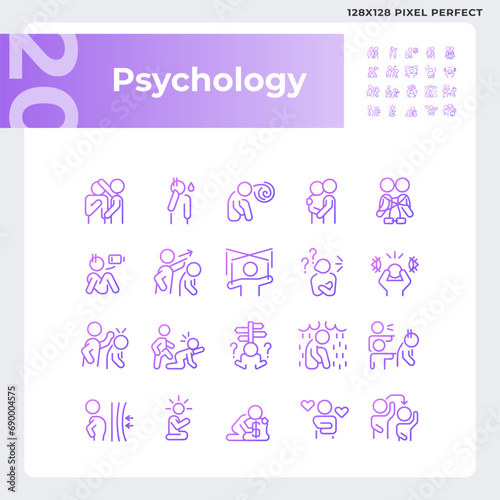 2D pixel perfect simple gradient icons set representing psychology, purple thin linear illustration.