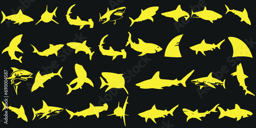 Shark, Sharks Vector Illustration, Yellow Silhouettes on Black Background. Perfect for Ocean, Sea, Marine Life Themes. Ideal for Designs, Graphics, Prints