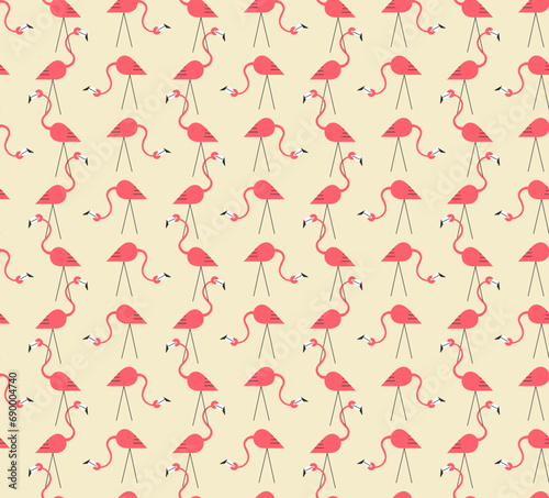 1950s Mid Century Modern Atomic Era Flamingos Cosmic Starbursts seamless pattern. Retro fifties vector background