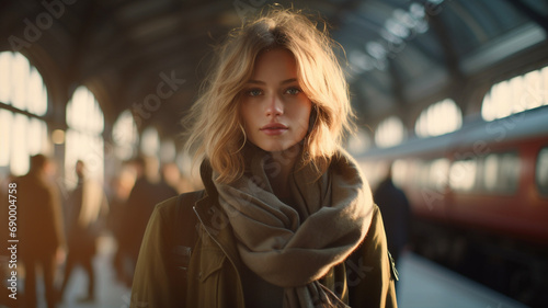 person in front of train station stock photo