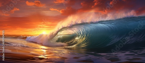 Stunning sunset over a huge wave in an ocean setting.