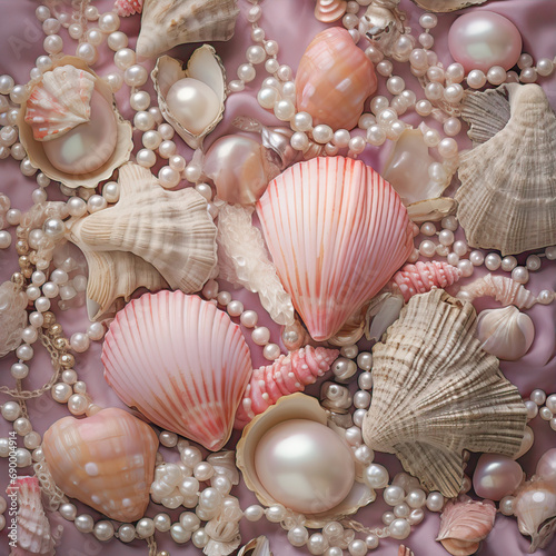 Beautiful seashells and pearls on a pink background 