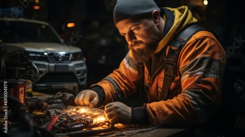 Bearded car mechanic concentrating on work in auto repair shop indoors