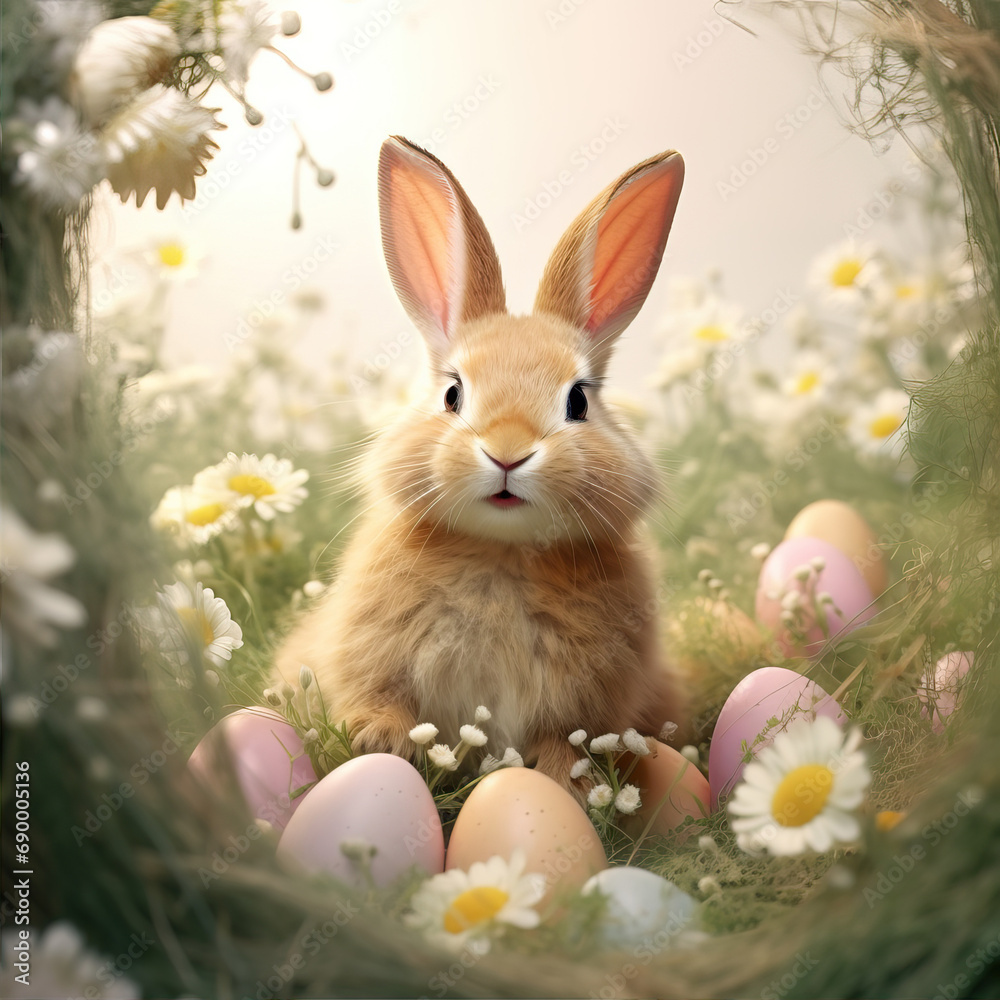 Fototapeta premium Cute bunny sitting among colored eggs