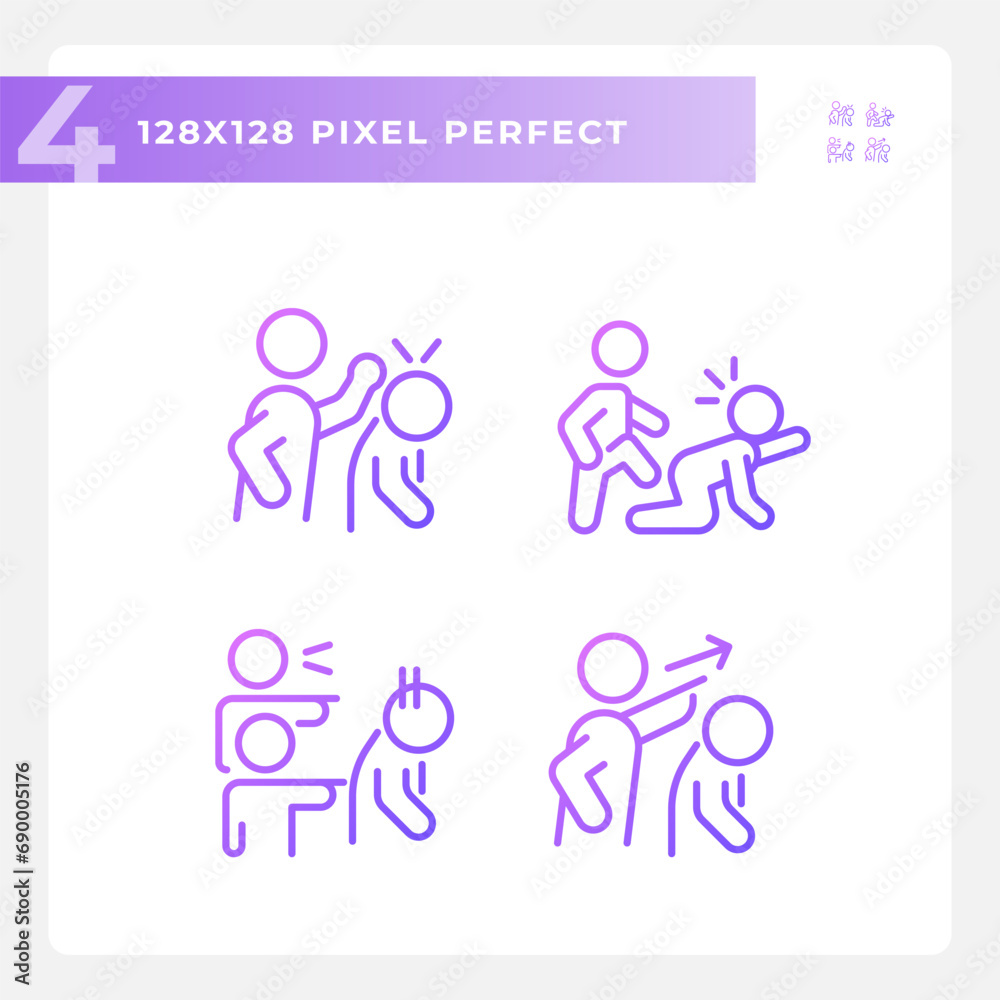 2D pixel perfect gradient icons set representing psychology, purple thin line illustration.