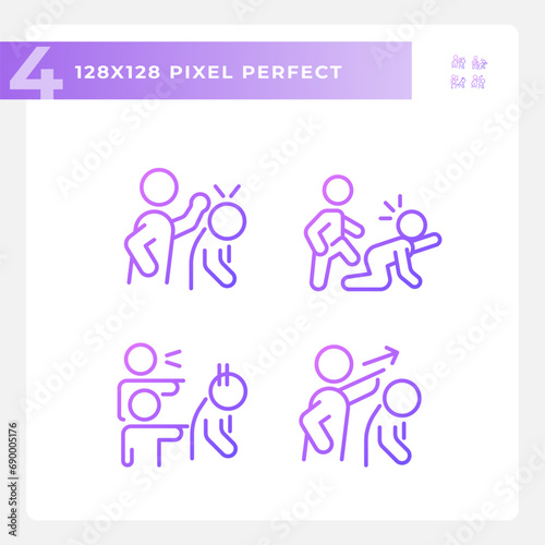 2D pixel perfect gradient icons set representing psychology, purple thin line illustration.