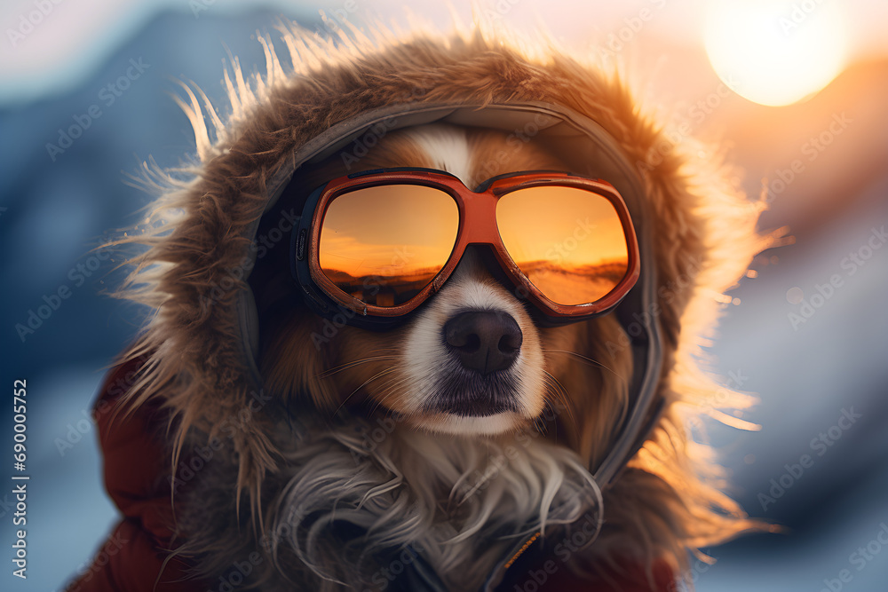 funny winter portrait of dog wearing woolly hat