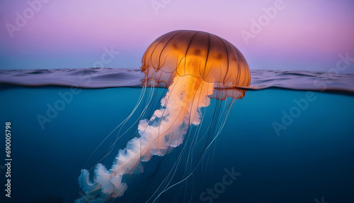 Glowing jellyfish floating through a Deep in the ocean at twilight.